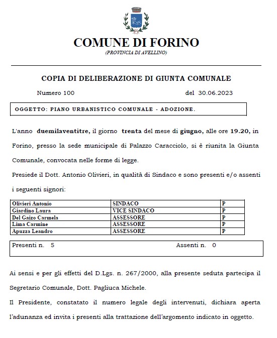 DELIBERA GIUNTA COMUNALE N. 100 DEL 30.06.2023 "PIANO URBANISTICO COMUNALE - ADOZIONE.